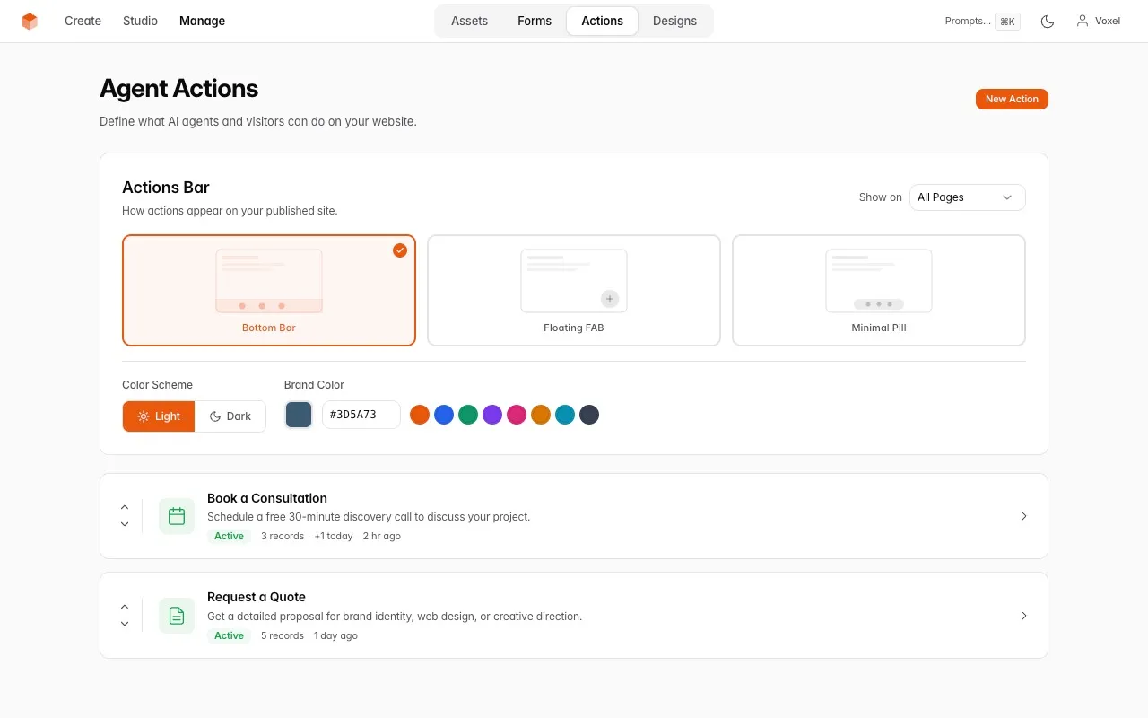 Website Builder actions manager